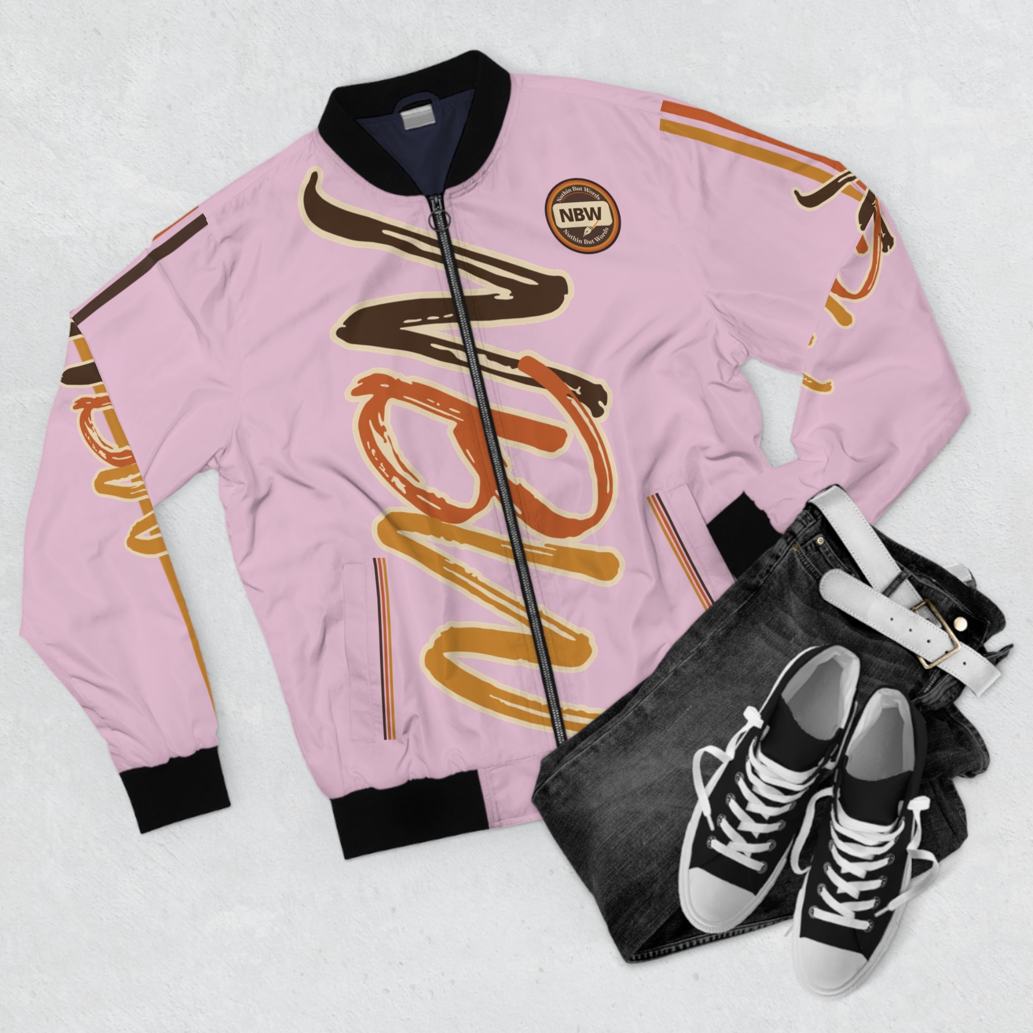 Men's Bomber Jacket —Blossom 'NBW' Script Logo All-Over Print