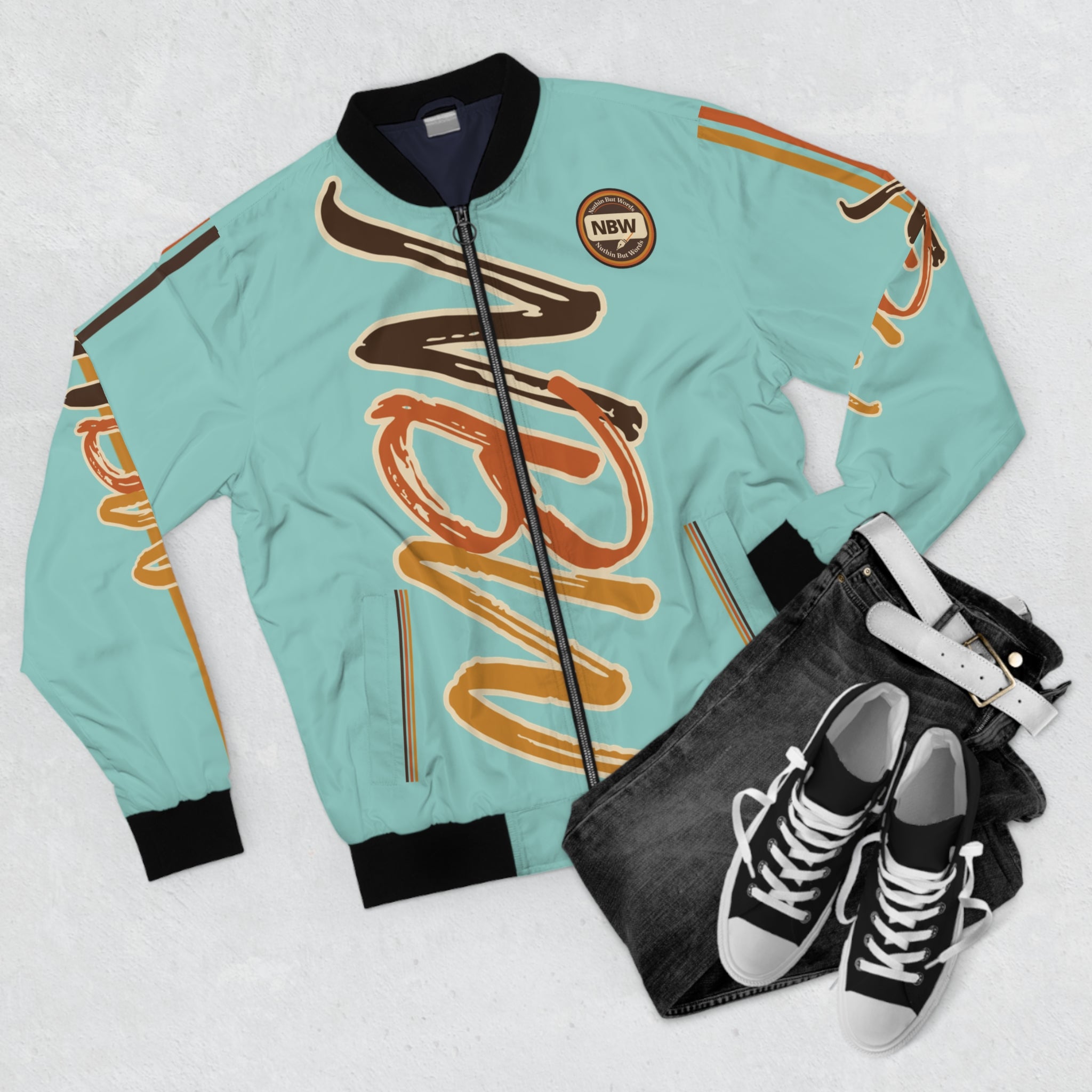 Men's Bomber Jacket — Chalky Mint' NBW' Script Logo All-Over Print