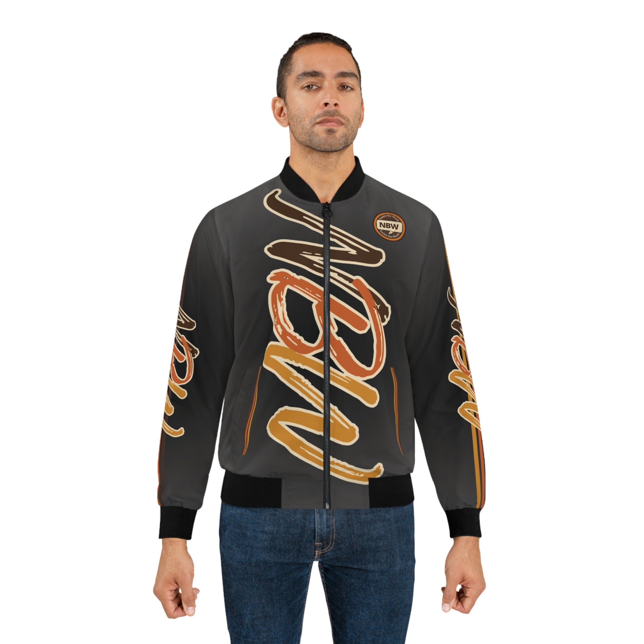 Men's Bomber Jacket —Pepper 'NBW' Script Logo All-Over Print