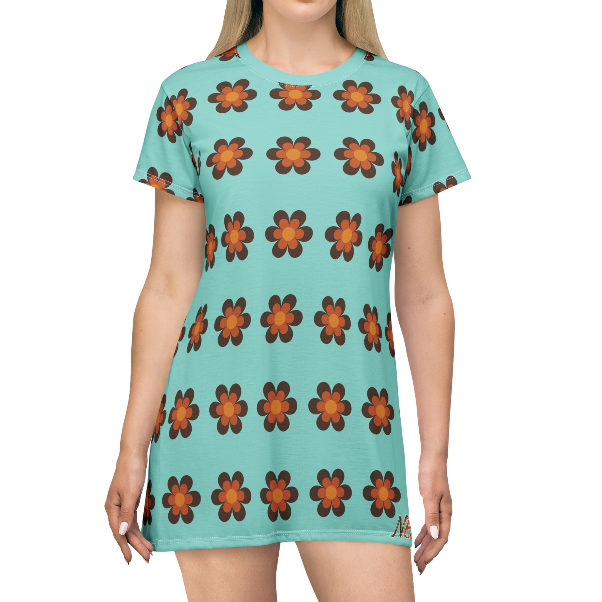 NBW Retro Chambray Flower All-Over Print T-Shirt Dress