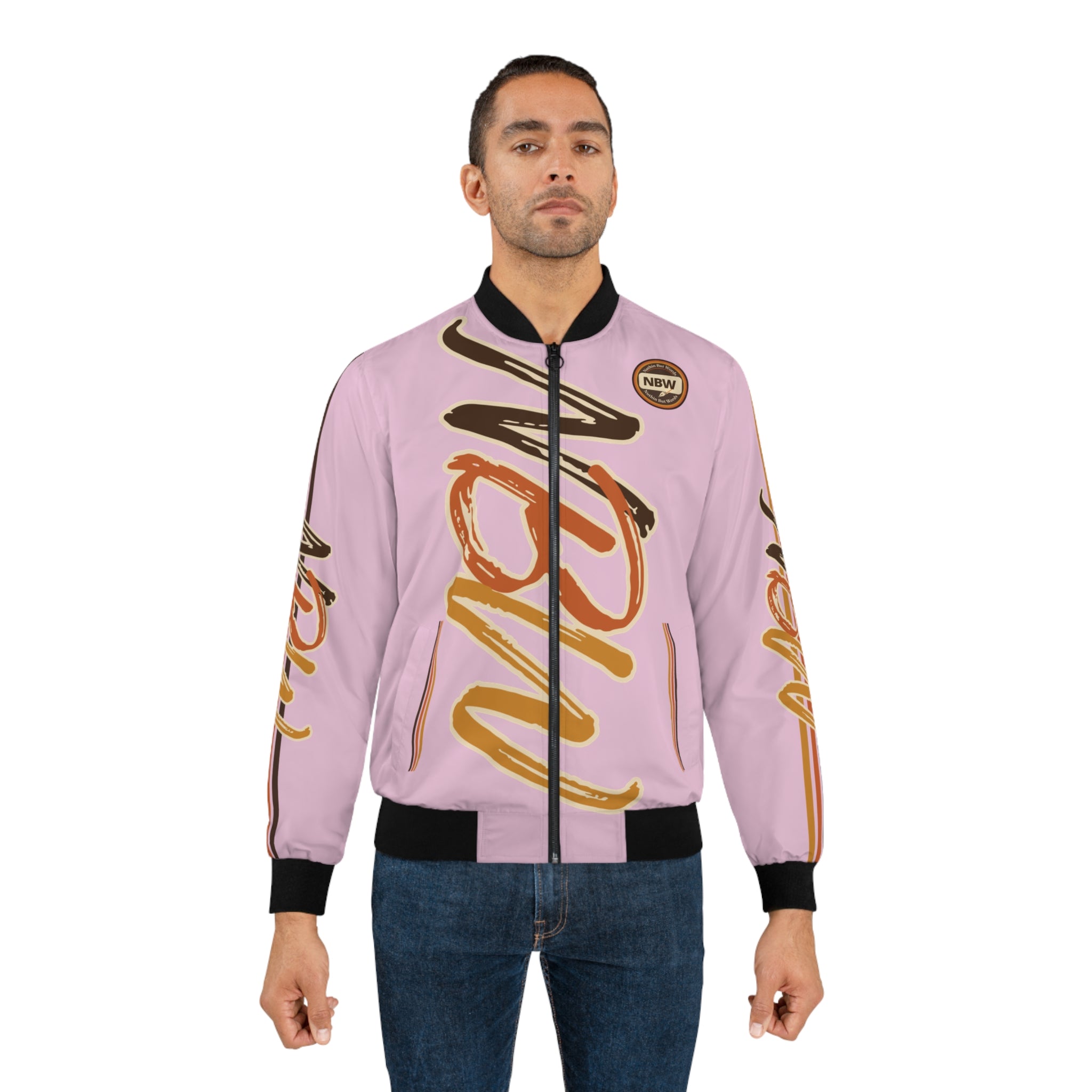 Men's Bomber Jacket —Blossom 'NBW' Script Logo All-Over Print