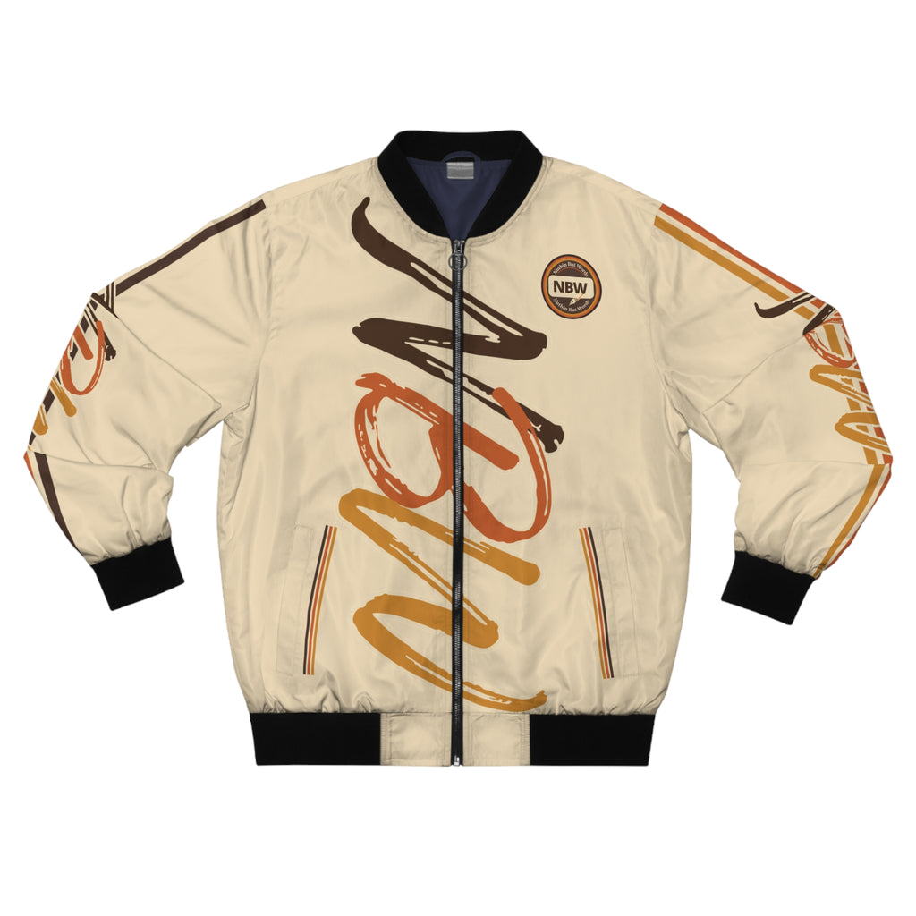 Men's Bomber Jacket — Beige 'NBW' Script Logo All-Over Print