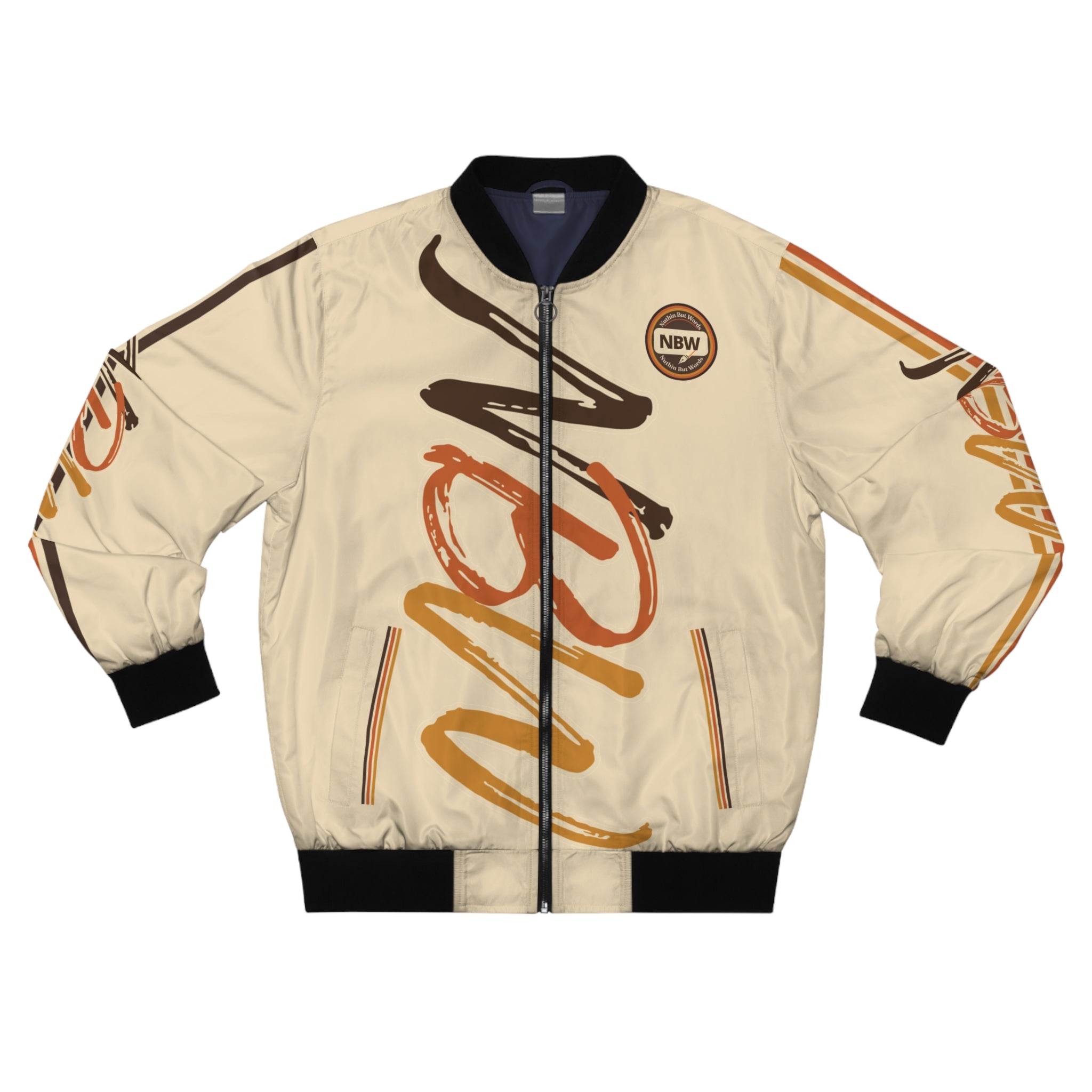 Men's Bomber Jacket — Beige 'NBW' Script Logo All-Over Print