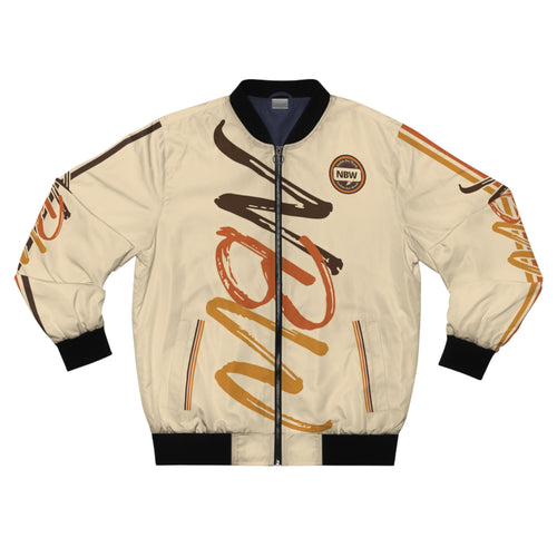 Men's Bomber Jacket — Beige 'NBW' Script Logo All-Over Print