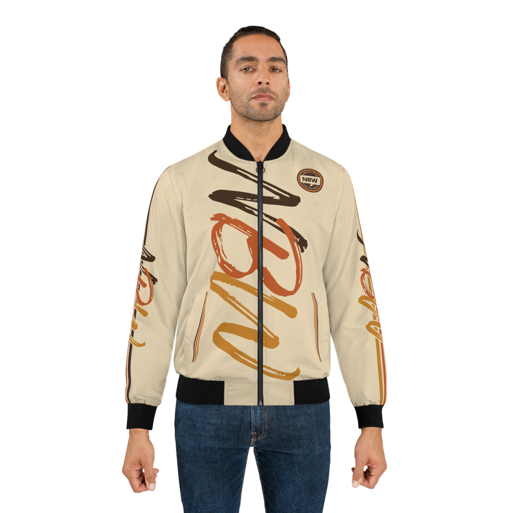Men's Bomber Jacket — Beige 'NBW' Script Logo All-Over Print