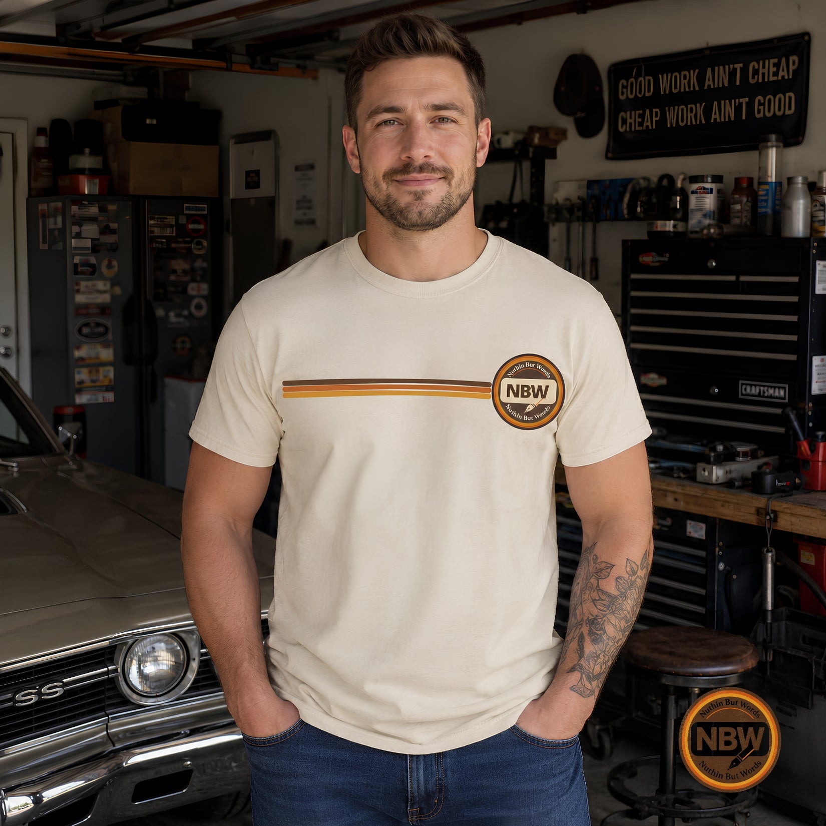 NBW Retro Stripe chest emblem T-Shirt | vintage round logo, Comfort Color