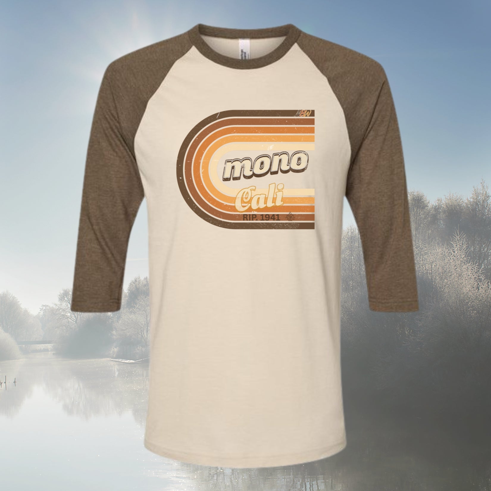 NBW Retro 'Mono Cali' Raglan Tee — 3/4 Sleeve Vintage Striped California Graphic