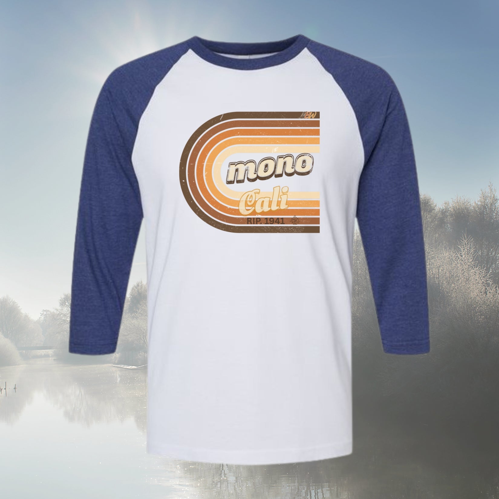 NBW Retro 'Mono Cali' Raglan Tee — 3/4 Sleeve Vintage Striped California Graphic