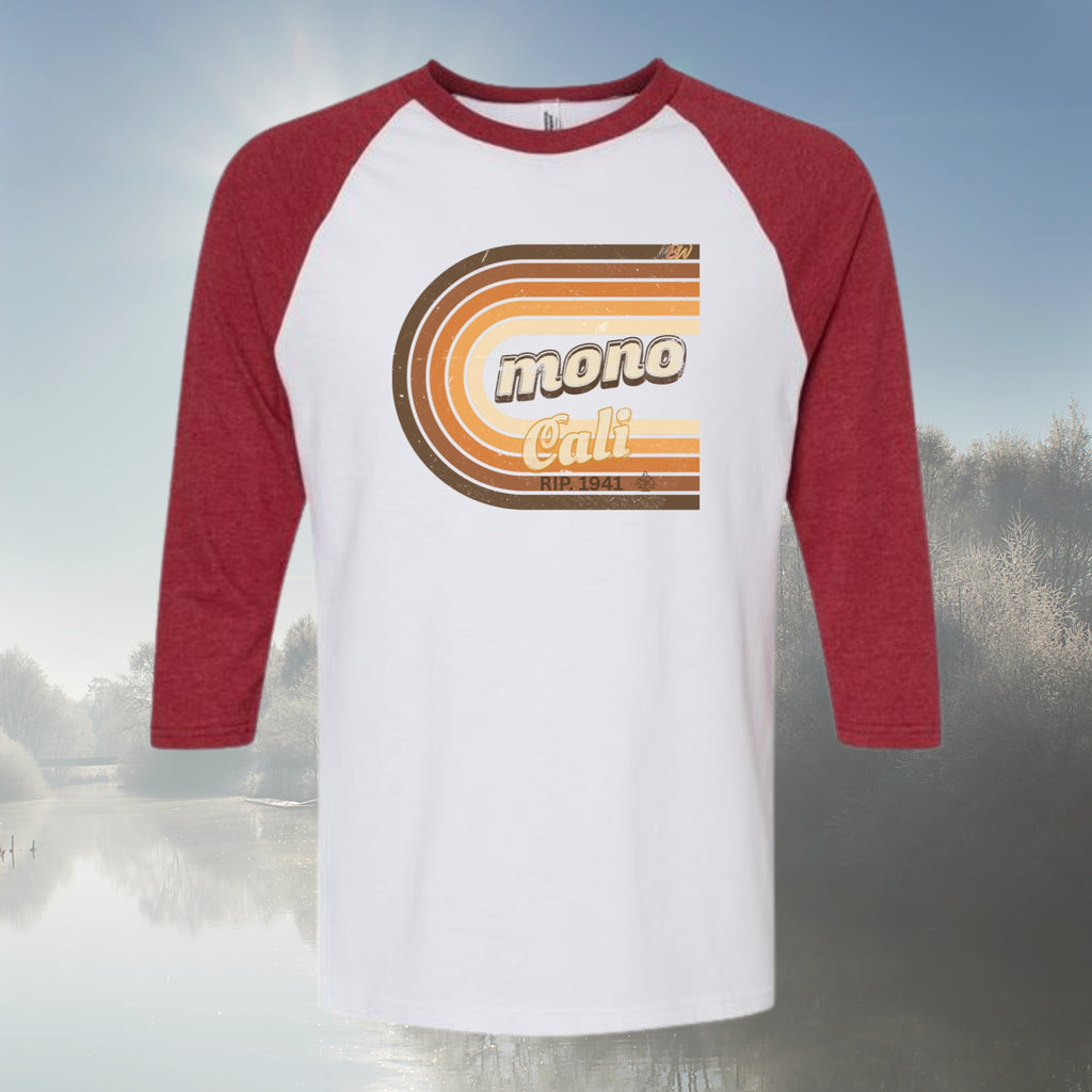 NBW Retro 'Mono Cali' Raglan Tee — 3/4 Sleeve Vintage Striped California Graphic