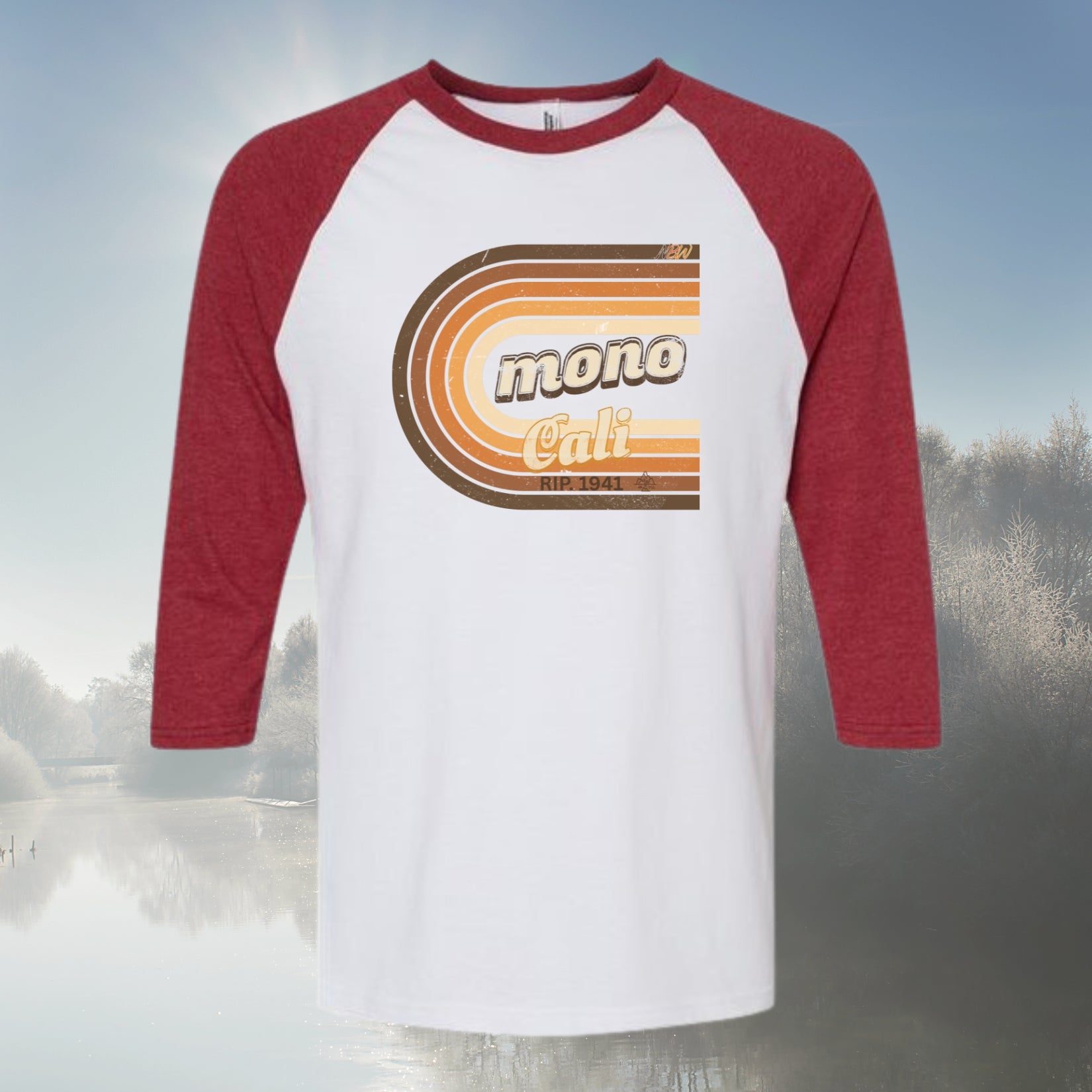 NBW Retro 'Mono Cali' Raglan Tee — 3/4 Sleeve Vintage Striped California Graphic