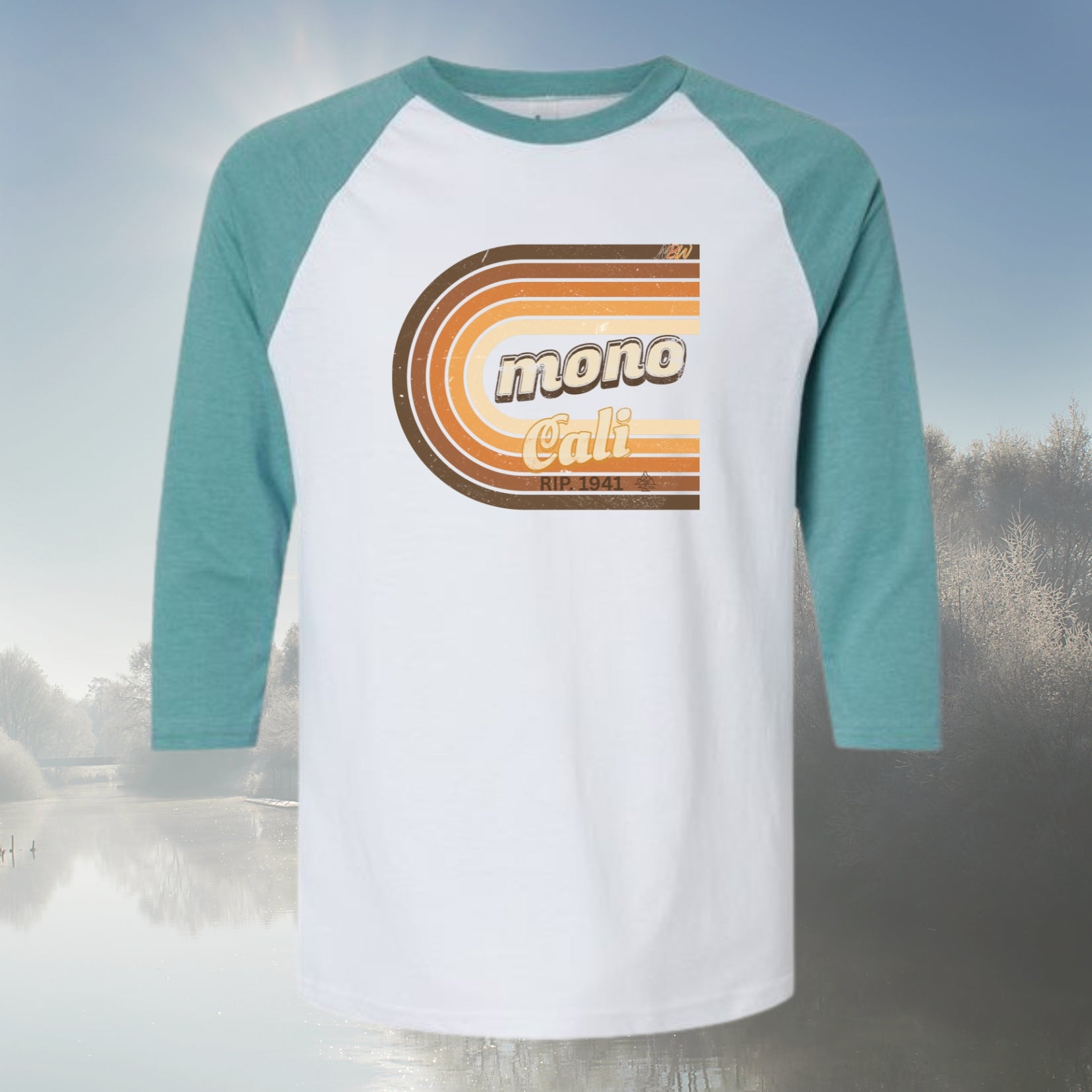 NBW Retro 'Mono Cali' Raglan Tee — 3/4 Sleeve Vintage Striped California Graphic