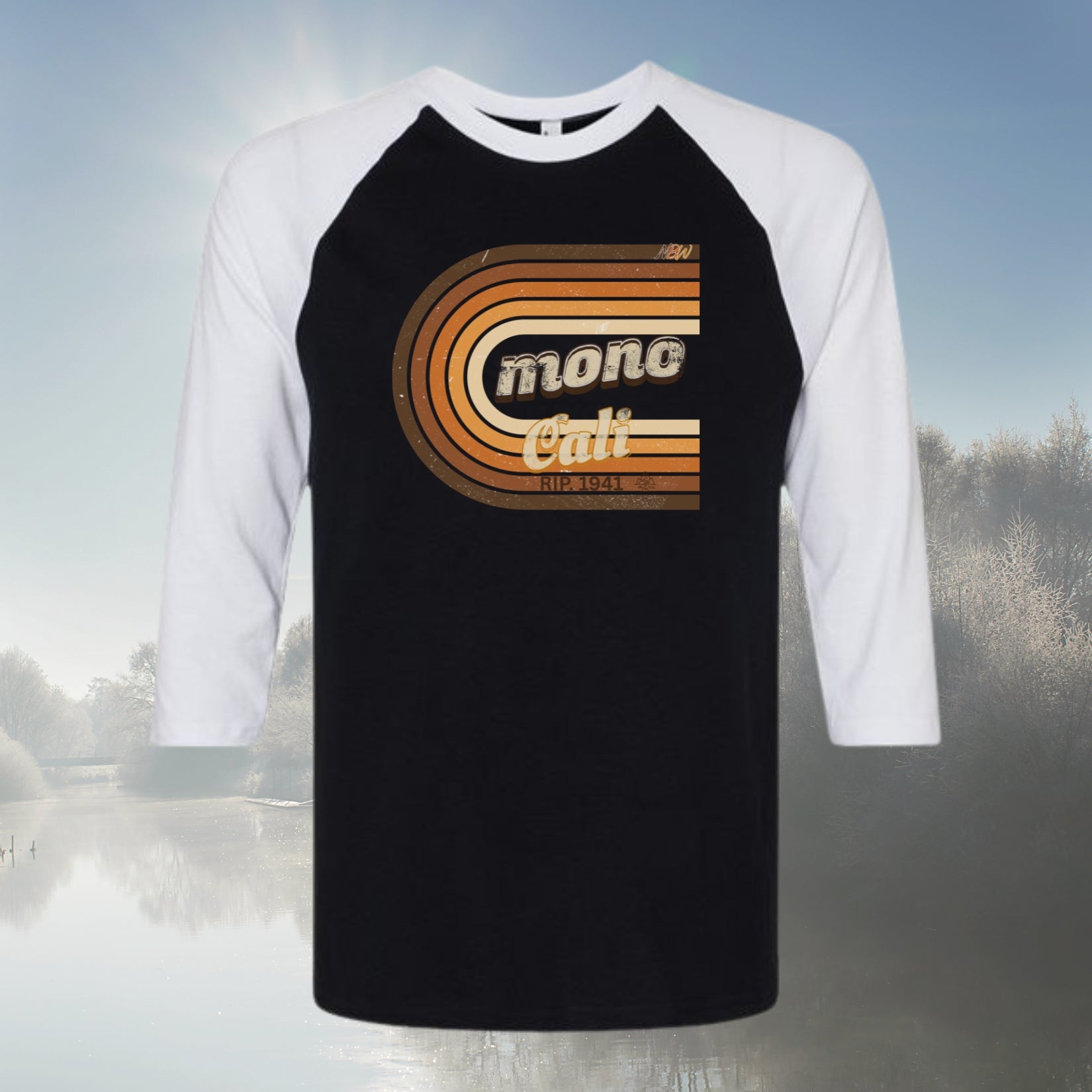 NBW Retro 'Mono Cali' Raglan Tee — 3/4 Sleeve Vintage Striped California Graphic