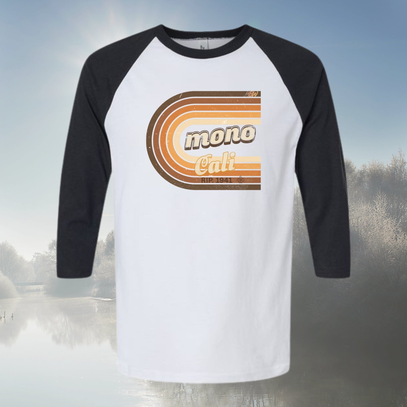 NBW Retro 'Mono Cali' Raglan Tee — 3/4 Sleeve Vintage Striped California Graphic