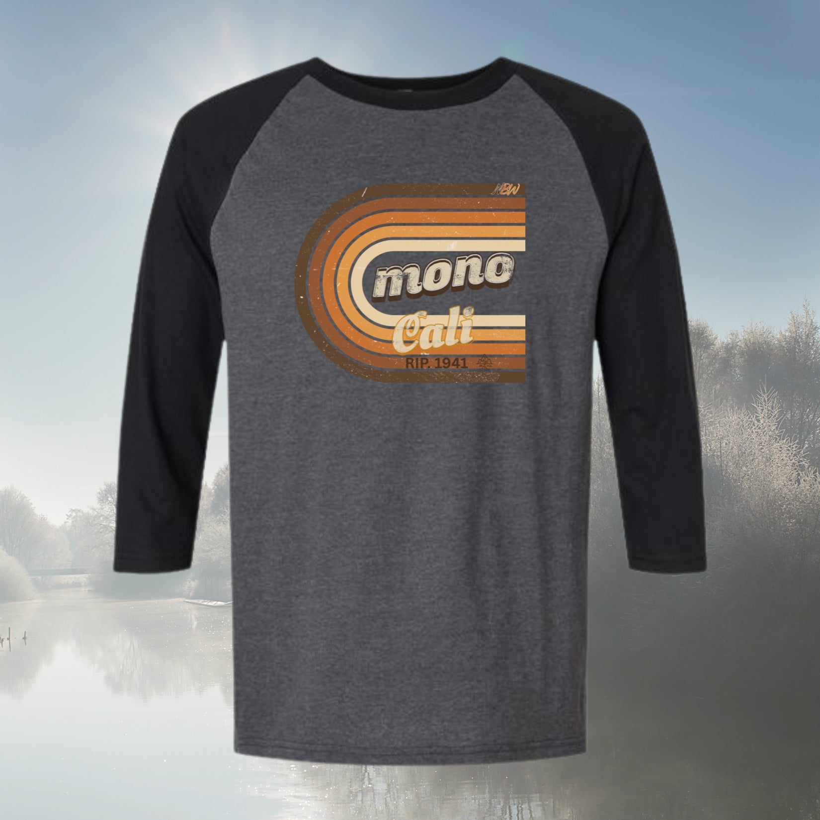 NBW Retro 'Mono Cali' Raglan Tee — 3/4 Sleeve Vintage Striped California Graphic