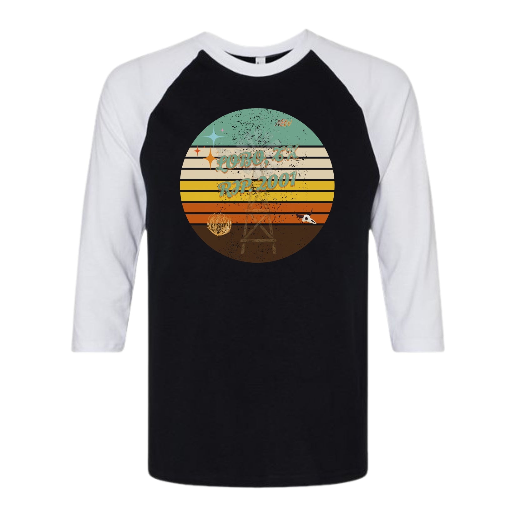 NBW Retro Sunset Texas 3/4 Sleeve Tee — LOBO RIP-2001" Graphic