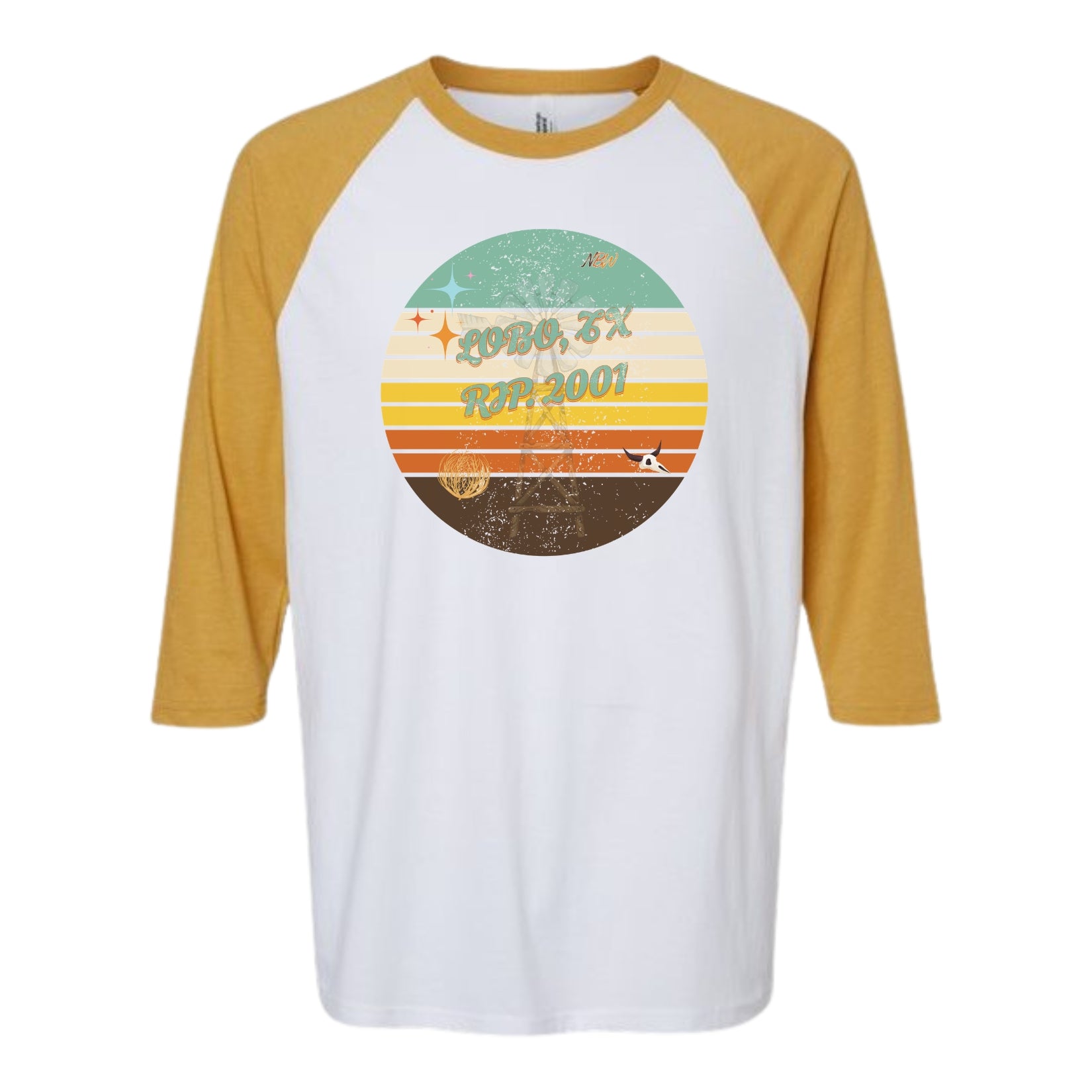 NBW Retro Sunset Texas 3/4 Sleeve Tee — LOBO RIP-2001" Graphic