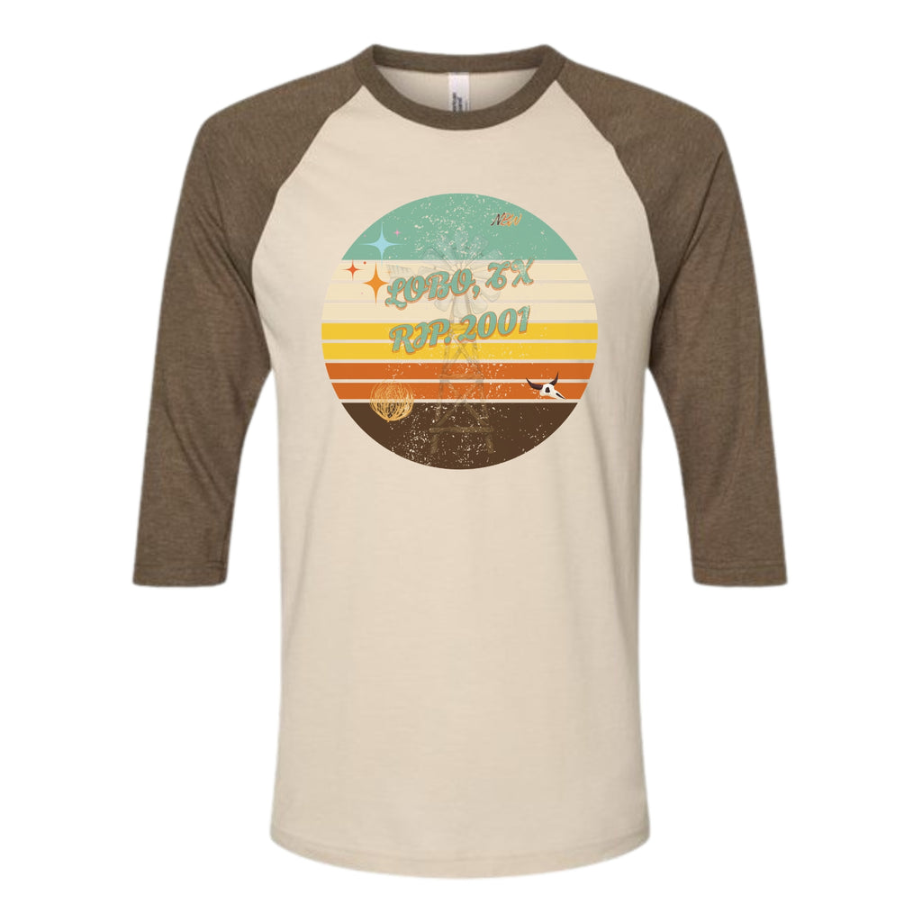 NBW Retro Sunset Texas 3/4 Sleeve Tee — LOBO RIP-2001" Graphic