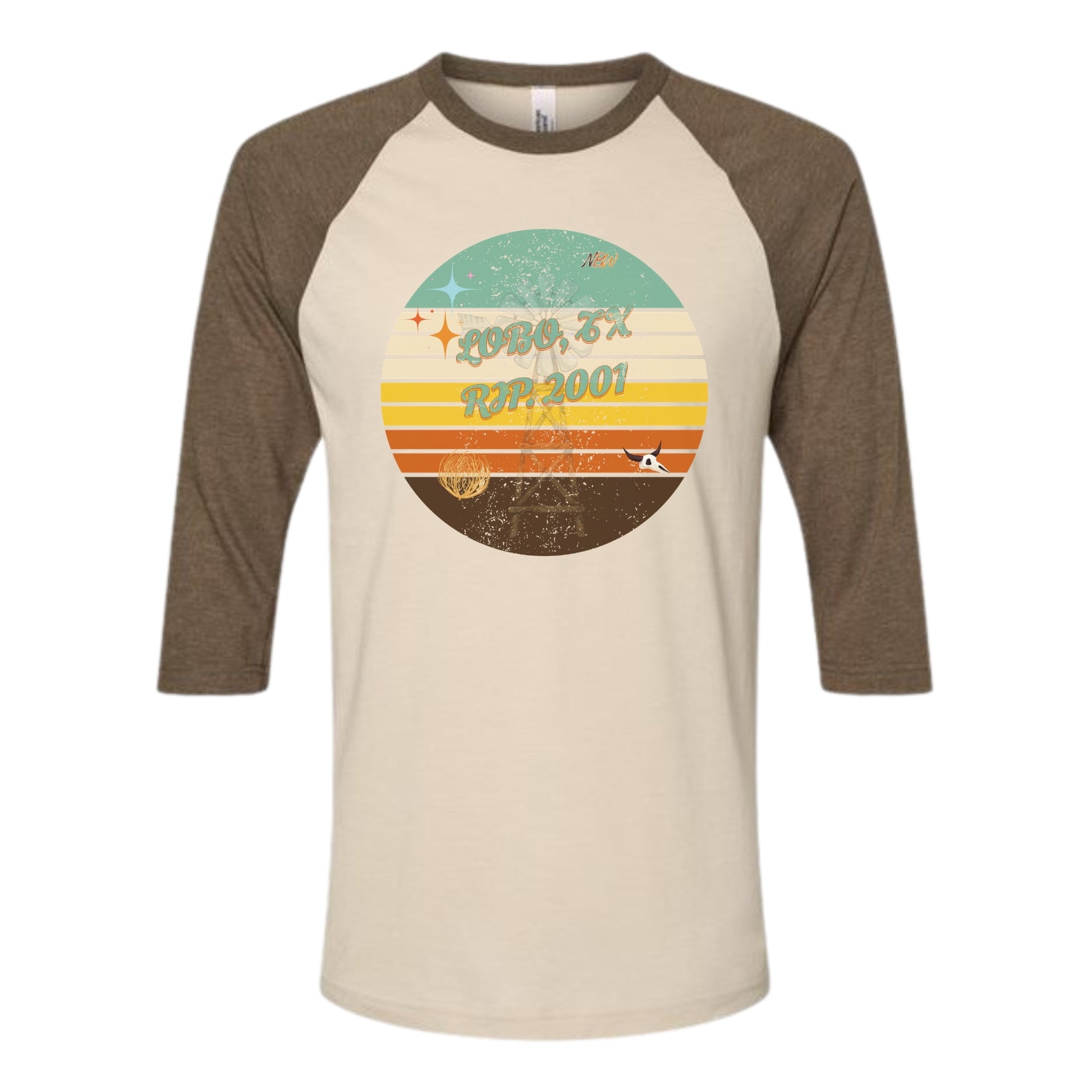 NBW Retro Sunset Texas 3/4 Sleeve Tee — LOBO RIP-2001" Graphic