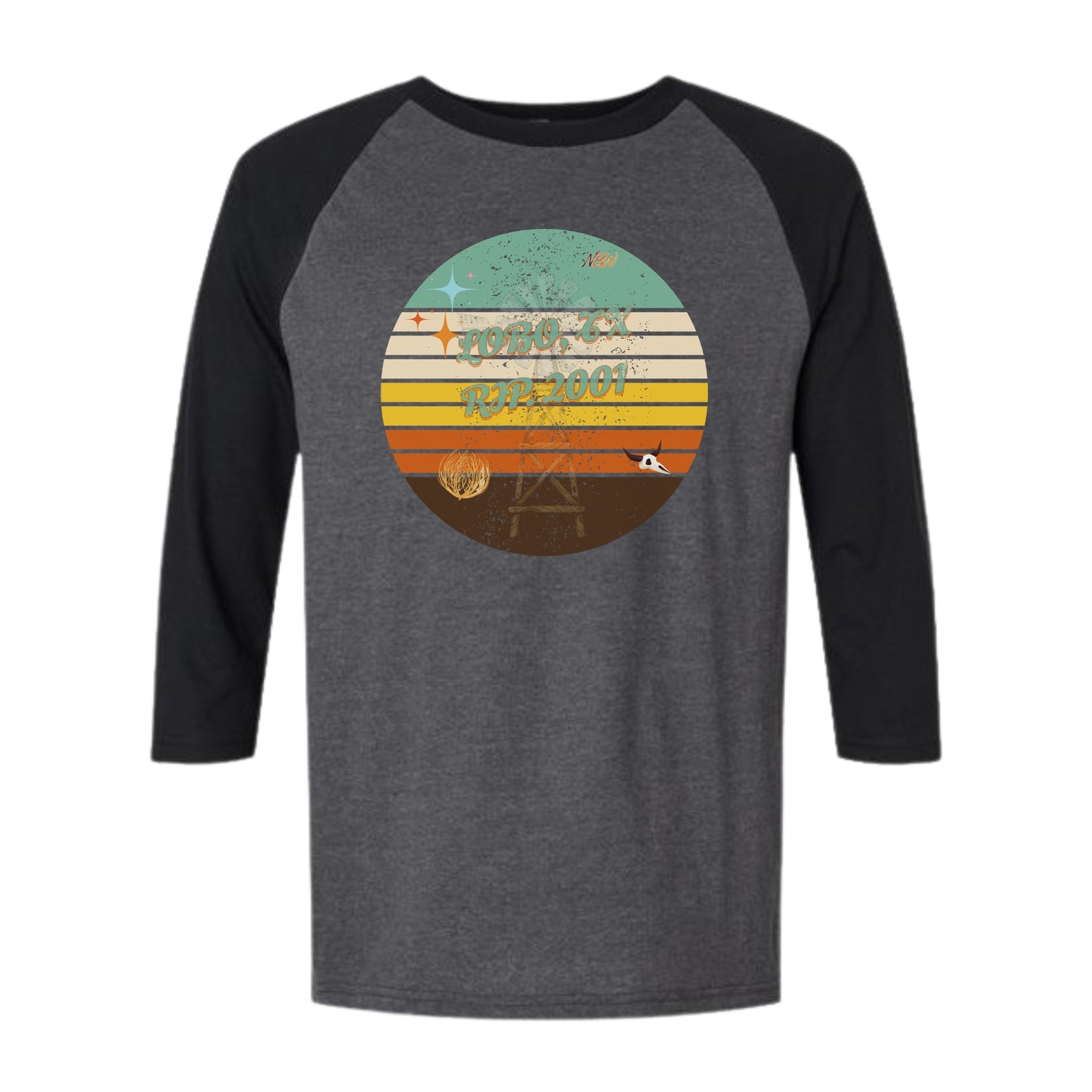 NBW Retro Sunset Texas 3/4 Sleeve Tee — LOBO RIP-2001" Graphic