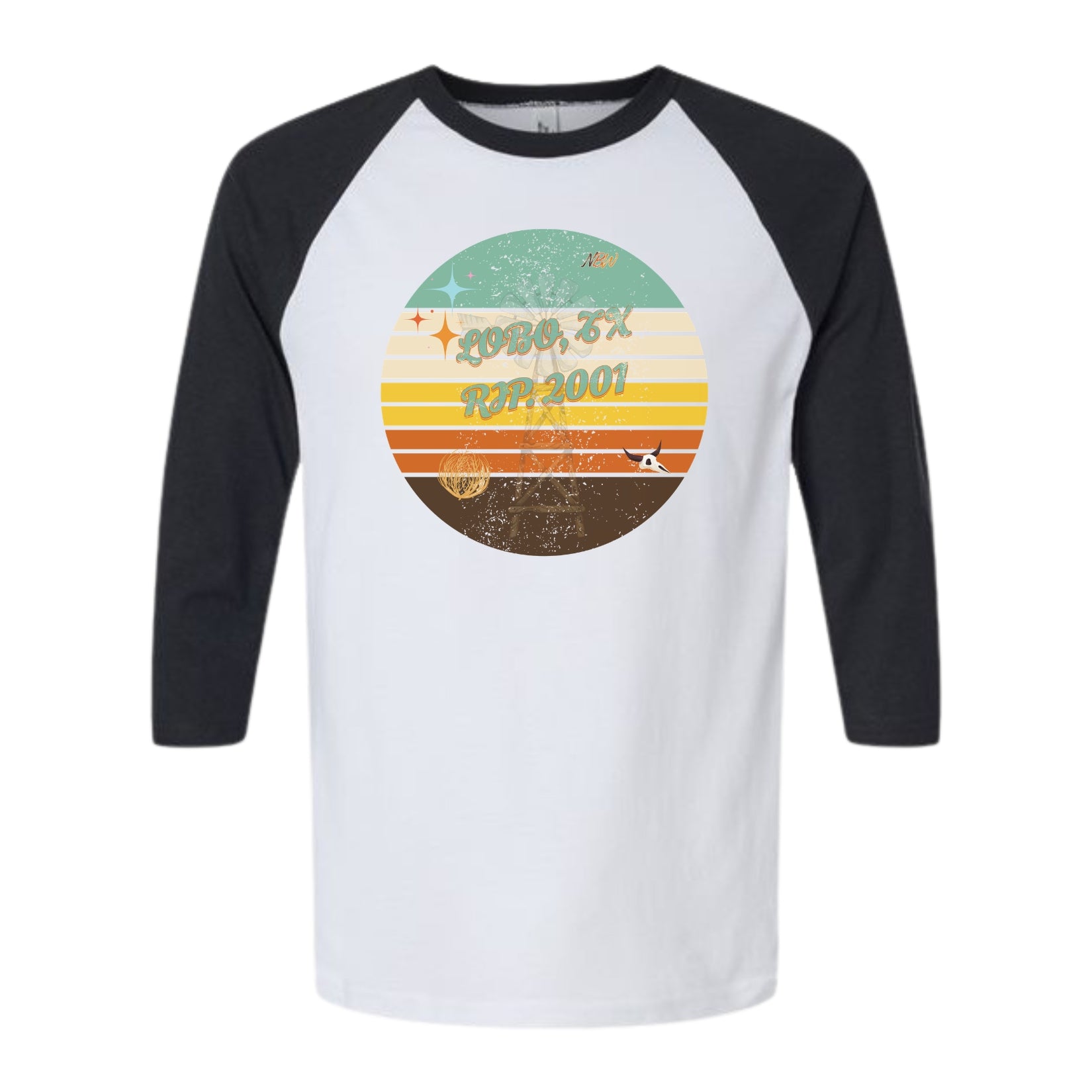 NBW Retro Sunset Texas 3/4 Sleeve Tee — LOBO RIP-2001" Graphic