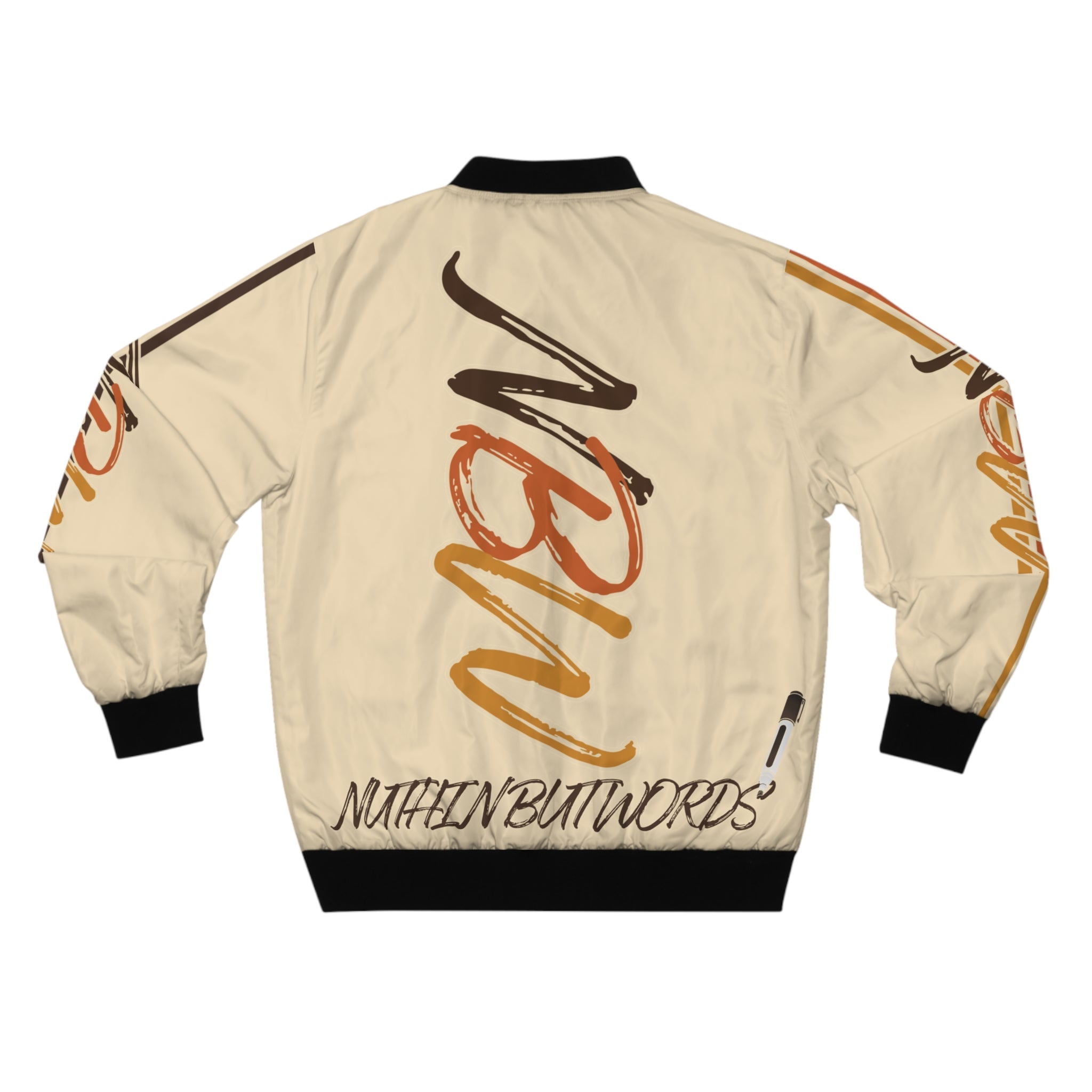 Men's Bomber Jacket — Beige 'NBW' Script Logo All-Over Print