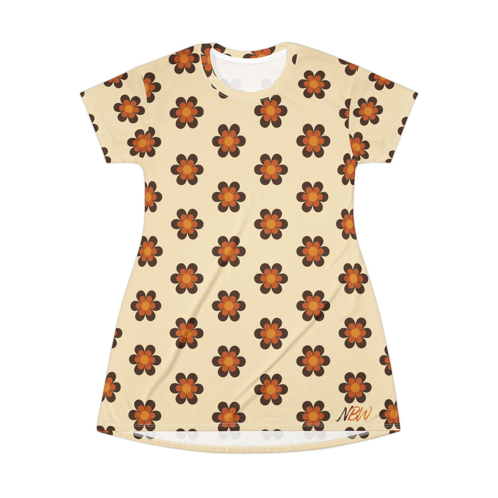NBW Retro Baige Daisy T-Shirt Dress — 70s Floral AOP Print