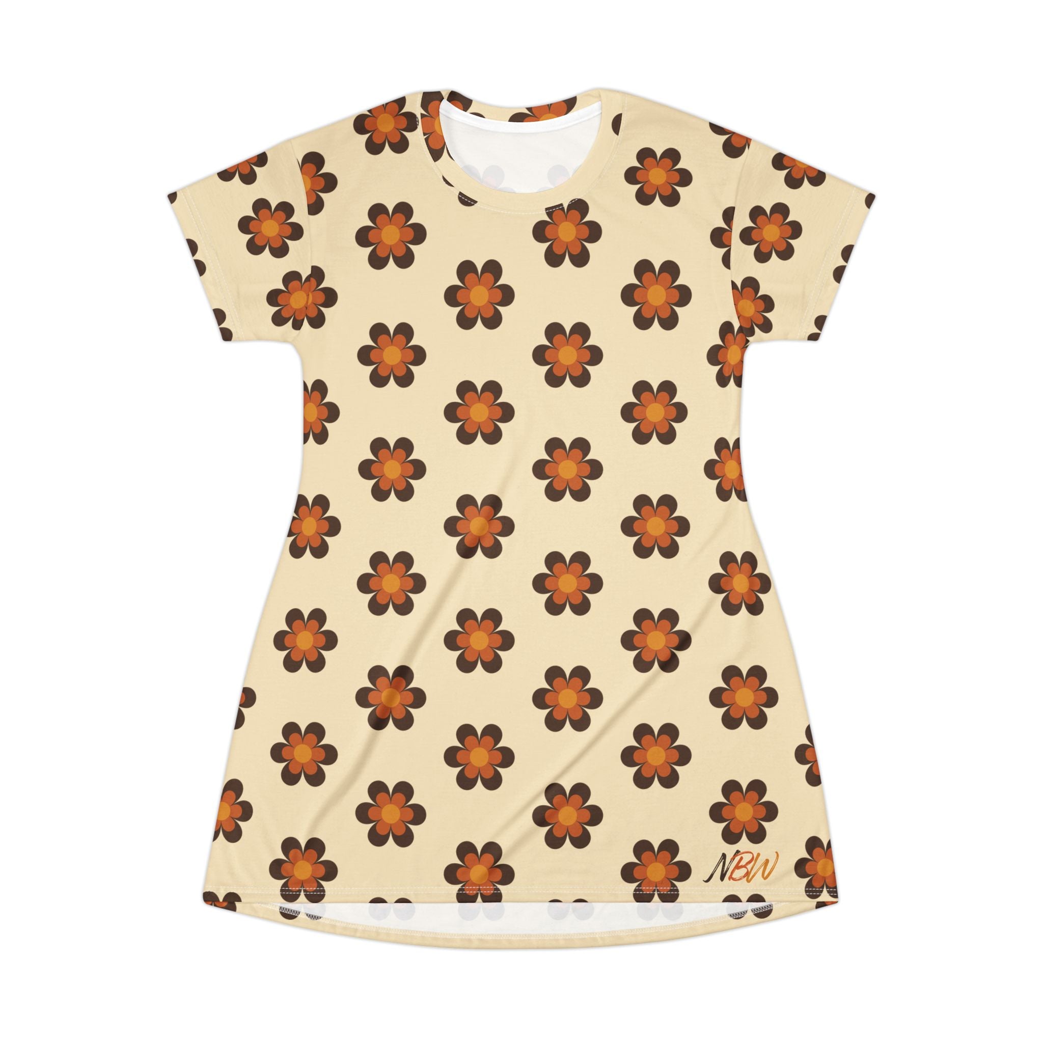 NBW Retro Baige Daisy T-Shirt Dress — 70s Floral AOP Print