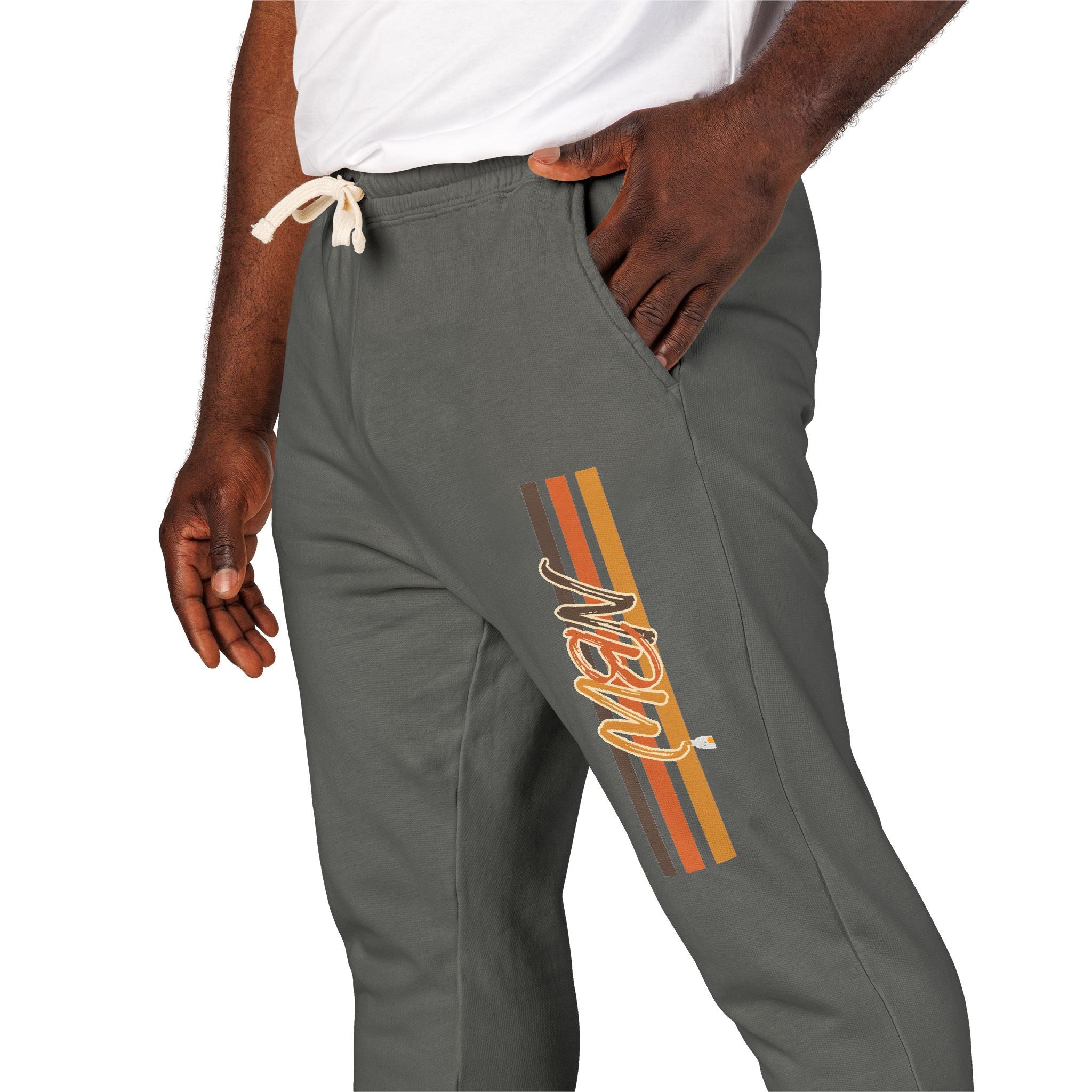 Men's Comfort Color Olive 'Navy' Graphic NBW Sweatpants — Casual Fleece Joggers with Side Print