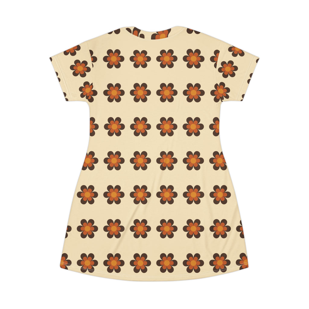 NBW Retro Baige Daisy T-Shirt Dress — 70s Floral AOP Print