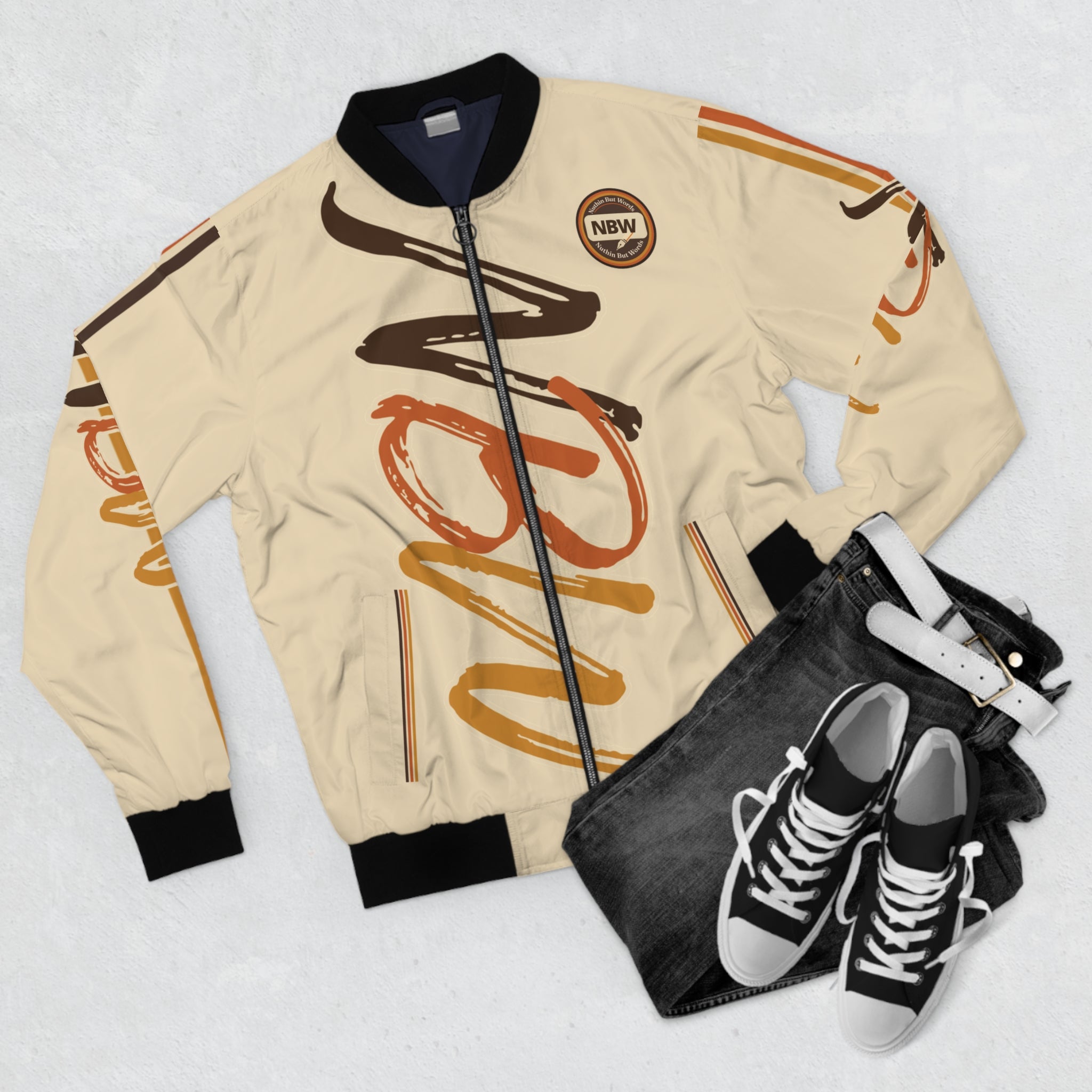 Men's Bomber Jacket — Beige 'NBW' Script Logo All-Over Print
