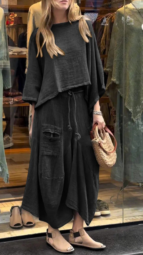 Loose-fitting Skirt Suit Fashion Solid Color Pullover Long-sleeved Top And Long Skirt Two-piece Set.