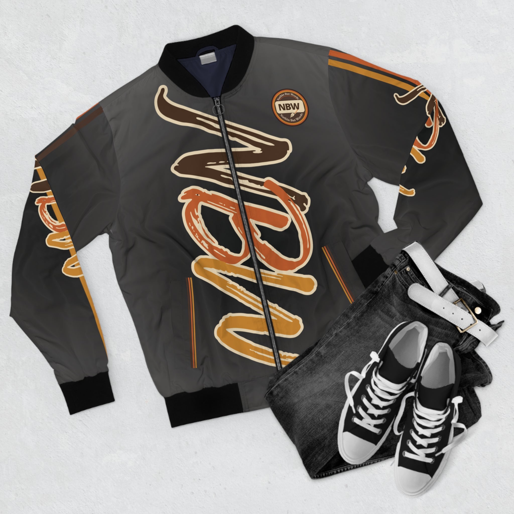 Men's Bomber Jacket —Pepper 'NBW' Script Logo All-Over Print