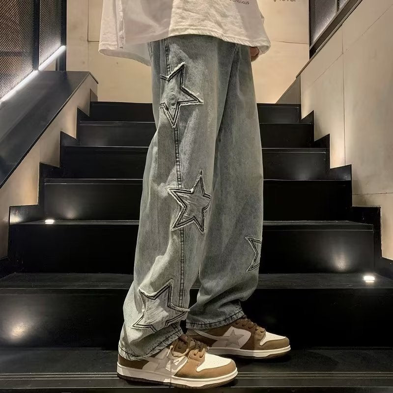 Star Embroidery Straight Casual Men Jeans Gothic Neutral New Wide Leg Loose Hip-hop Fashion Youth Streetwear Denim Trousers Y2K.