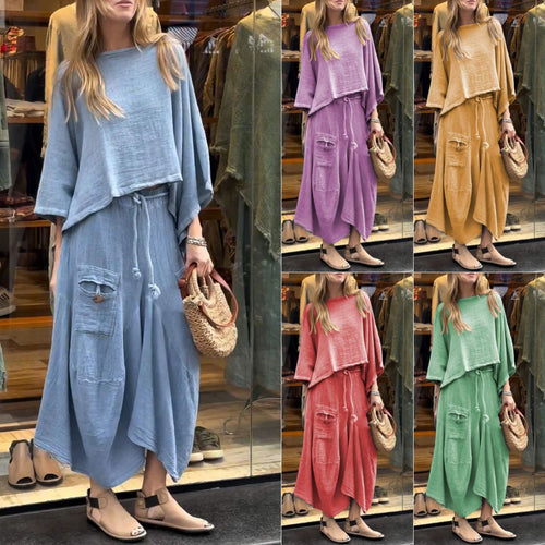 Loose-fitting Skirt Suit Fashion Solid Color Pullover Long-sleeved Top And Long Skirt Two-piece Set.